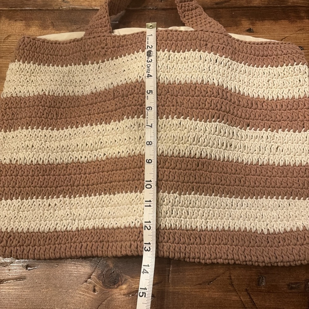 Beach Vibes Crochet Market Tote Bag Camel Brown Stripe Grannycore Purse - Picture 6 of 6